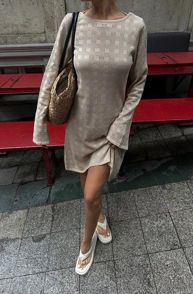 Camel Sırt Dekolteli Triko Mini Elbise - 5