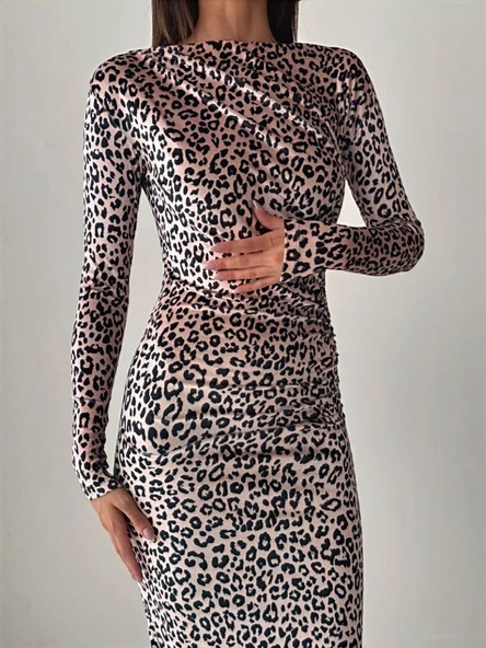 Kadife Leopar Desenli Uzun Elbise - 4