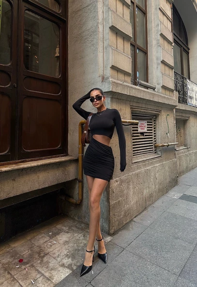 Siyah Mini Uzun Kollu Bel Dekolteli Elbise - 5