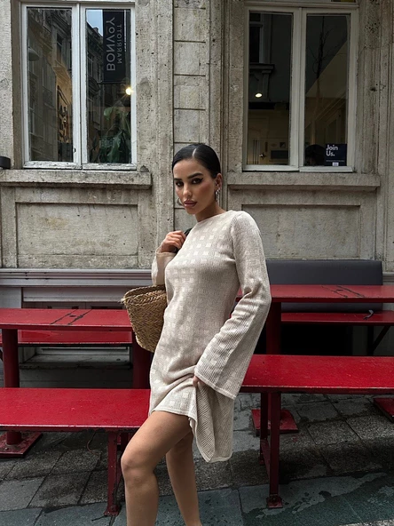 Camel Sırt Dekolteli Triko Mini Elbise - 6