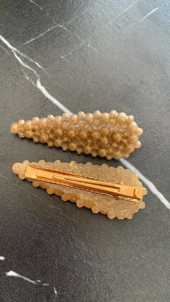 Gold Renkli Damla Şekil Gold Pens Kıskaçlı 2'li Saç Tokası Handmade El Yapımı Epoksi Hediyelik - 4