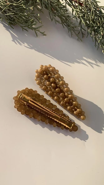 Gold Renkli Damla Şekil Gold Pens Kıskaçlı 2'li Saç Tokası Handmade El Yapımı Epoksi Hediyelik - 3