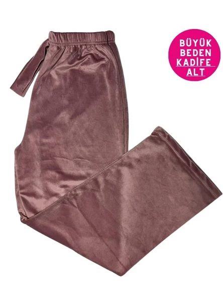 Kadın Büyük Beden Yumuşak Kadife Düz Paça Pijama Eşofman Tek Alt - 8