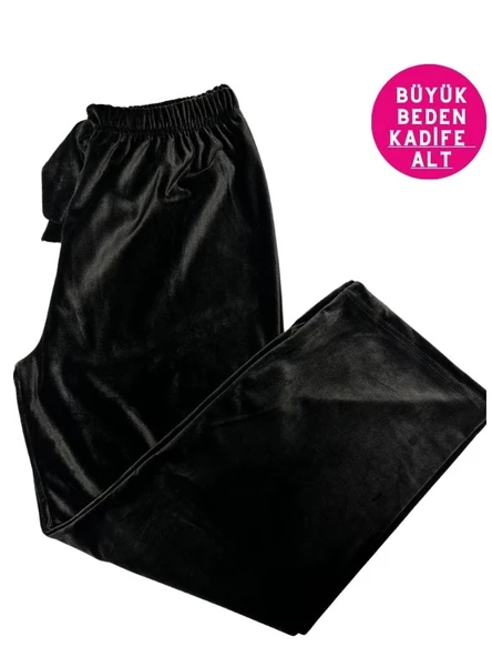 Kadın Büyük Beden Yumuşak Kadife Düz Paça Pijama Eşofman Tek Alt - 7