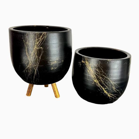 Bitki Tasarımı Siyah Üzeri Gold Mermer Efektli Toprak Saksı Saksılık Salon Çiçeklik İkili Set Ayaksız - 3 Ayaklı- 19 CM - 3