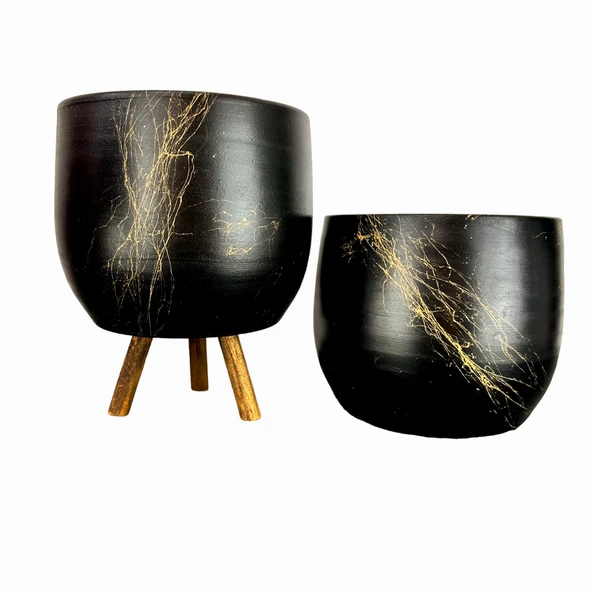 Bitki Tasarımı Siyah Üzeri Gold Mermer Efektli Toprak Saksı Saksılık Salon Çiçeklik İkili Set Ayaksız - 3 Ayaklı- 19 CM