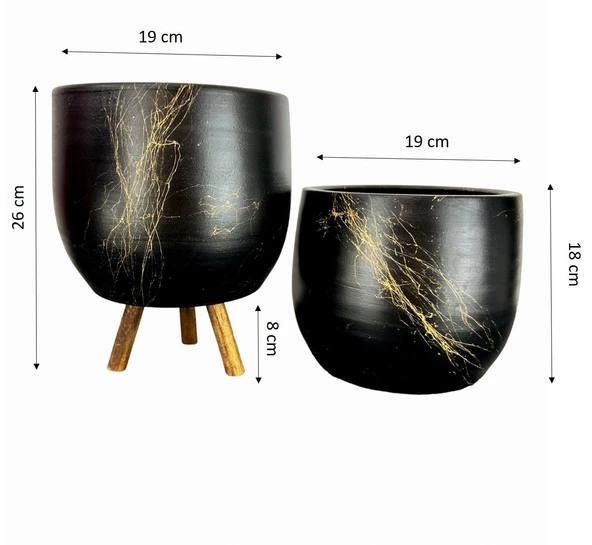 Bitki Tasarımı Siyah Üzeri Gold Mermer Efektli Toprak Saksı Saksılık Salon Çiçeklik İkili Set Ayaksız - 3 Ayaklı- 19 CM - 2