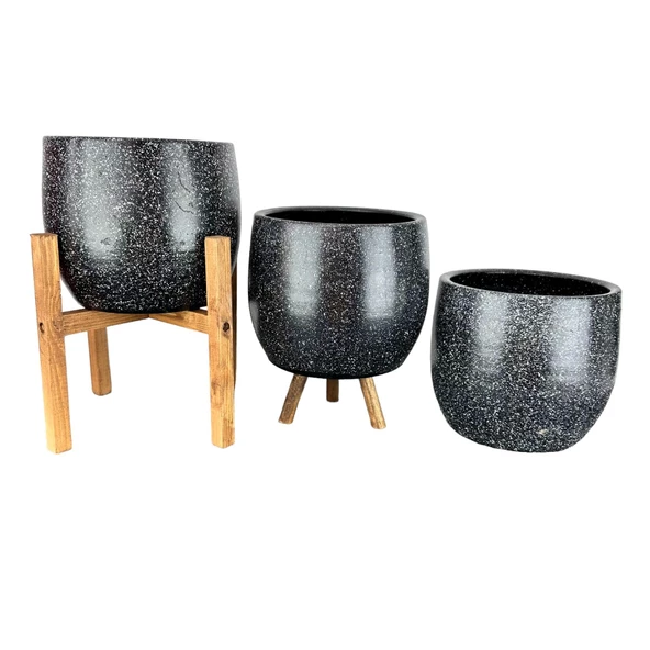 Bitki Tasarımı Siyah Granit Toprak Saksı Saksılık Salon Çiçeklik Üçlü Set- 19 CM - 4
