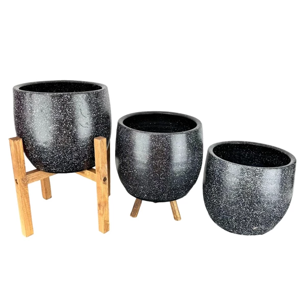 Bitki Tasarımı Siyah Granit Toprak Saksı Saksılık Salon Çiçeklik Üçlü Set- 19 CM - 3