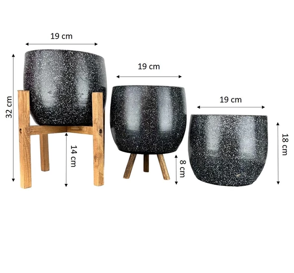 Bitki Tasarımı Siyah Granit Toprak Saksı Saksılık Salon Çiçeklik Üçlü Set- 19 CM - 2