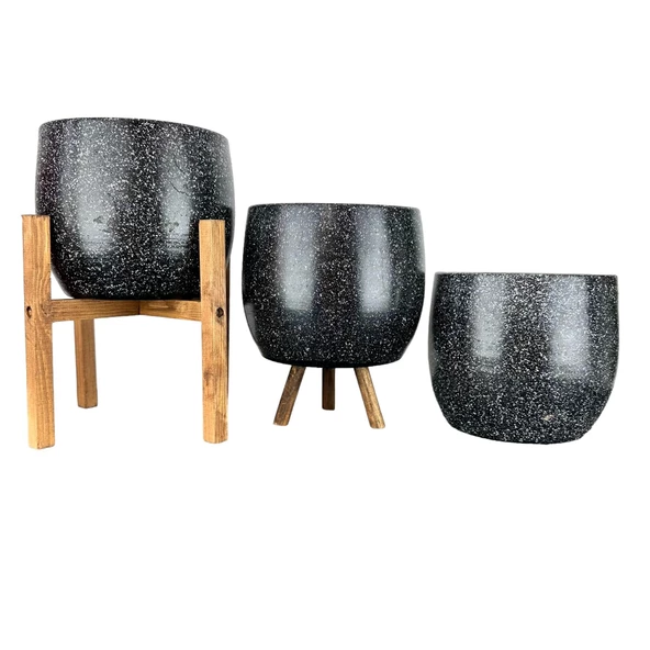 Bitki Tasarımı Siyah Granit Toprak Saksı Saksılık Salon Çiçeklik Üçlü Set- 19 CM - 1