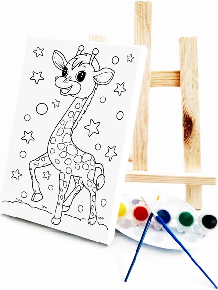 Yavru Zürafa Çocuk Ressam Seti - 20 x 30 cm Önçizimli Tuval, 2 Adet Fırça, Palet, Boyalar ve Şövale - 4
