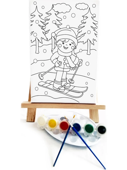 Kayakçı Kız Çocuk Ressam Seti 20 x 30 cm Ön Çizimli Tuval 2 Adet Fırça Palet Boyalar ve Şövale - 3