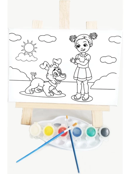 Kız & Köpek Çocuk Ressam Seti - 20 x 30 cm Önçizimli Tuval, 2 Adet Fırça, Palet, Boyalar ve Şövale - 2