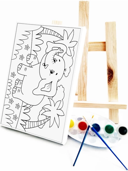 Minik Fil Çocuk Ressam Seti - 20 x 30 cm Önçizimli Tuval, 2 Adet Fırça, Palet, Boyalar ve Şövale - 4