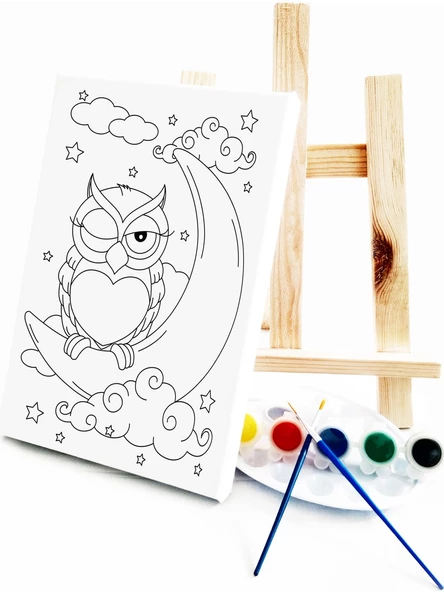 Uykucu Baykuş Çocuk Ressam Seti 20 x 30 cm Ön Çizimli Tuval 2 Adet Fırça Palet Boyalar ve Şövale - 3