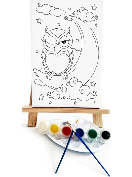 Uykucu Baykuş Çocuk Ressam Seti 20 x 30 cm Ön Çizimli Tuval 2 Adet Fırça Palet Boyalar ve Şövale - 2