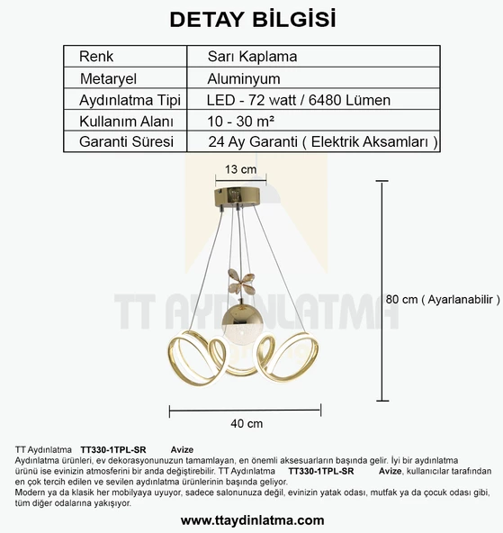 TT Aydınlatma TT330-1TPL-SR  Zambak Modeli Sarı Kaplama Tek Toplu 3 Renk Modüllü Ledli Avize - 4