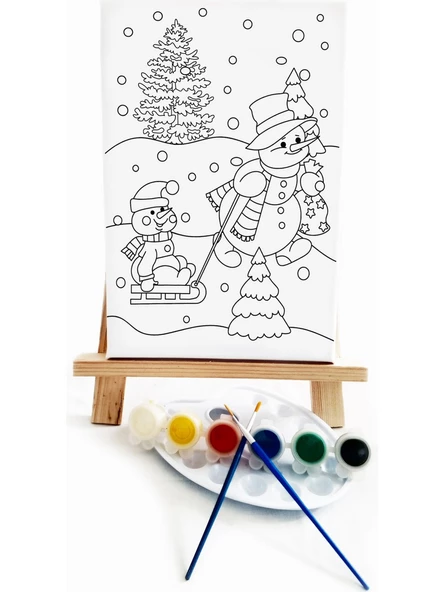 Kardan Adam Çocuk Ressam Seti - 20 x 30 cm Önçizimli Tuval, 2 Adet Fırça, Palet, Boyalar ve Şövale - 2