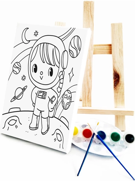 Minik Astronot Çocuk Ressam Seti 20 x 30 cm Ön Çizimli Tuval 2 Adet Fırça Palet Boyalar ve Şövale - 2