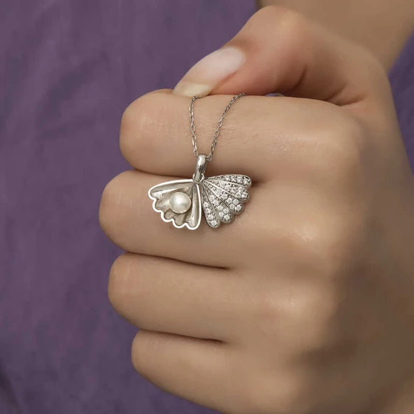 925 Ayar Gümüş İncili İstiridye Bayan Gümüş Kolye - Resim 5