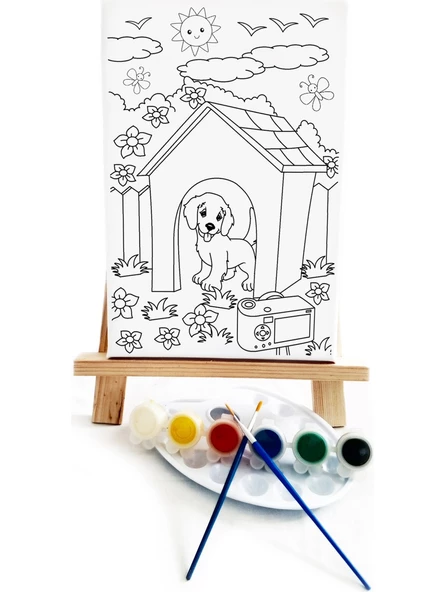 Köpek Kulübesi Çocuk Ressam Seti 20 x 30 cm Ön Çizimli Tuval 2 Adet Fırça Palet Boyalar ve Şövale - 2