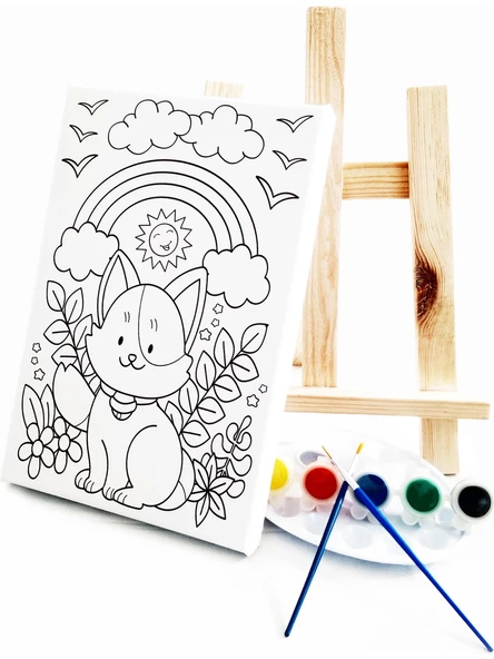 Maskeli Kedi Çocuk Ressam Seti 20 x 30 cm Ön Çizimli Tuval 2 Adet Fırça Palet Boyalar ve Şövale - 2