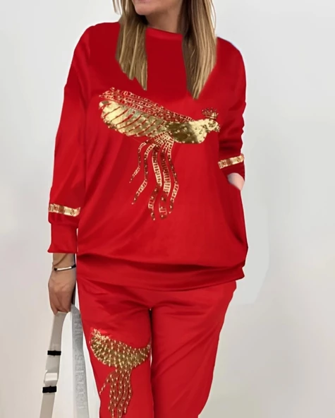 Kadın Uzun Kollu Tavus Kuşu Baskılı Iki Iplik Ikili Takım - Resim 2