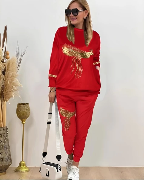 Kadın Uzun Kollu Tavus Kuşu Baskılı Iki Iplik Ikili Takım ürün görseli