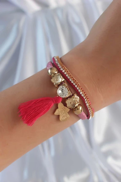 Pembe Renk Zirkon Taşlı Püskül Detay Deri Çoklu Bileklik ürün görseli 1