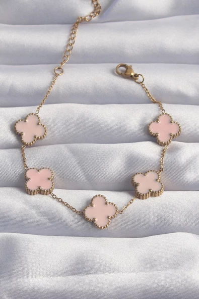 MuI MuI 316L Çelik Gold Renk Pembe Mineli Yonca Bileklik