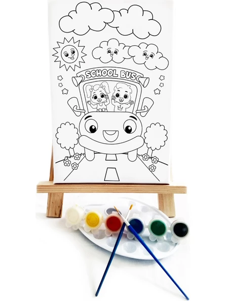 Okul Otobüsü Çocuk Ressam Seti 20 x 30 cm Ön Çizimli Tuval 2 Adet Fırça Palet Boyalar ve Şövale - 2