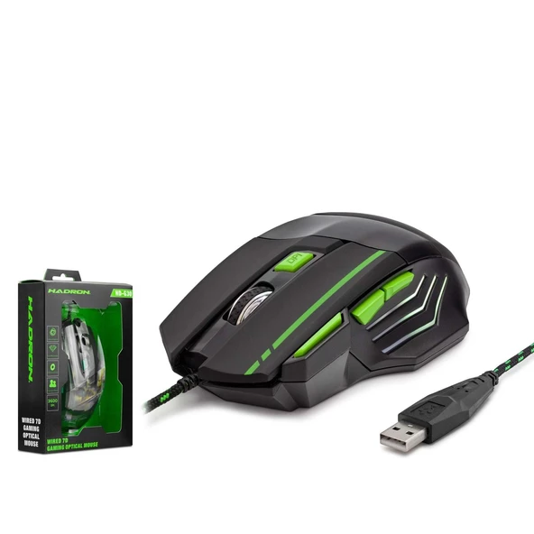 Hadron HDG30 3600dpi Ledli 1.44mt USB Kablolu Oyuncu Mouse - Siyah-Yeşil