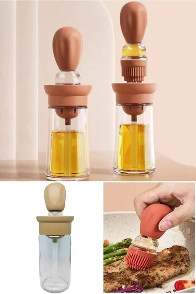 Hazneli Silikon Yağ Sos Ve Yumurta Fırçası Yağ Fırçası Yağlık Silikon Fırçalı Yağdanlık - Krem - 3