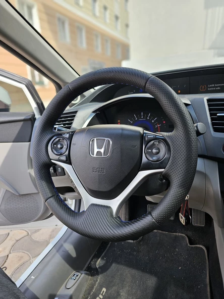 Honda Civic FB7 Araca Özel Direksiyon Kılıfı (Soft Nokta Karbon Mavi İp) - Resim 3