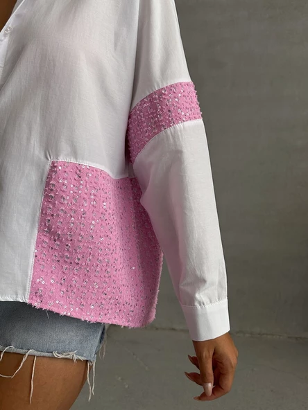 Beyaz Etek Ucu Ve Kolları Pembe Kot Garnili Gömlek - 3