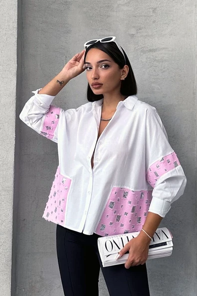Beyaz Etek Ucu Ve Kolları Pembe Pul Garnili Gömlek - 2