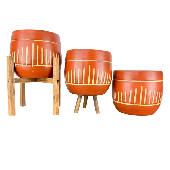 Bitki Tasarımı Beyaz Nokta Desenli Toprak Saksı Saksılık Salon Çiçeklik Üçlü Set - 19 CM - 1