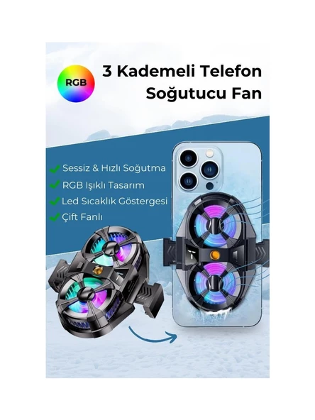 elefon Soğutucu Fan Çift Pervaneli 3 kademeli Işıklı Göstergeli Bütün Telefon Modelleri İle Uyumlu - 2
