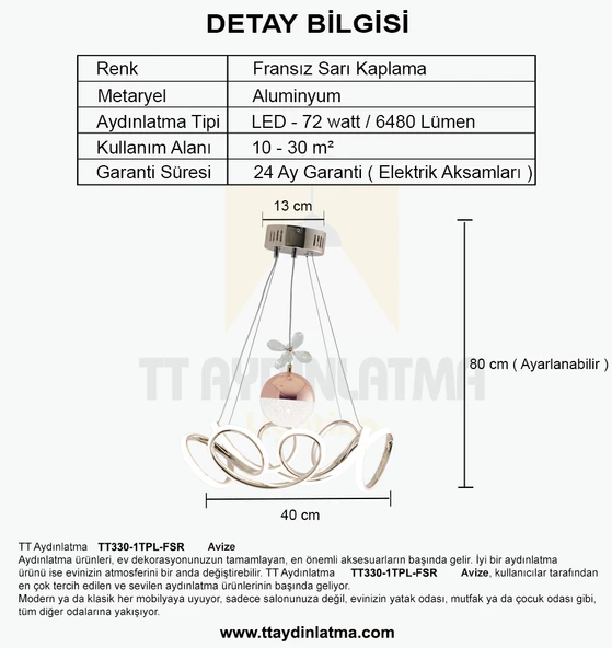 TT Aydınlatma TT330-1TPL-FSR  Zambak Modeli Fransız Sarı Kaplama Tek Toplu 3 Renk Modüllü Ledli Avize - Resim 4