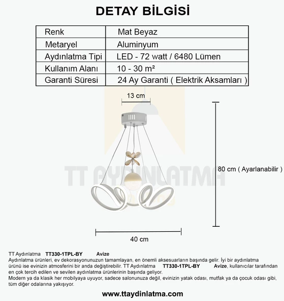TT Aydınlatma TT330-1TPL-BY  Zambak Modeli Mat Beyaz Tek Toplu 3 Renk Modüllü Ledli Avize - Resim 4