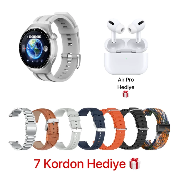 WATCH 4 PRO SUİT SİYAH VE GÜMÜŞ + AİRPODS PRO KULAKLIK 7 KORDON