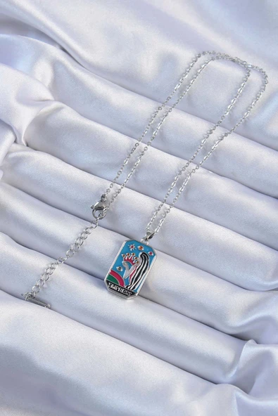 316L Çelik Zincir Gümüş Renk Taç ve Kız Figürlü Renkli Mineli Tarot Kolye - TJ-BKO9230 - 2