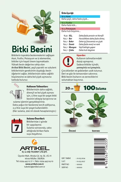 Yeşil Yapraklı Bitkiler  Bitki Besini, Gelişim Hızlandırıcı, Dengeli Bitki Besini 100 Sulama Kapasiteli Bitki Besleyici (20 Litre Su ile) - 5