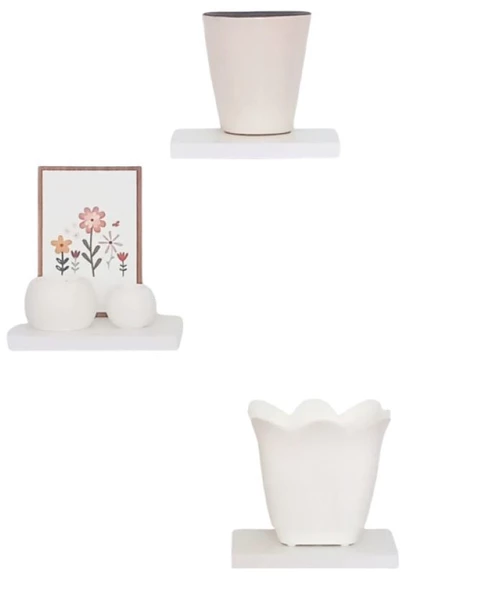 yankı-byeg 20 Cm Üçlü Beyaz Mdf Uçan Mini Duvar Rafı Gizli Bağlantı Çiçeklik