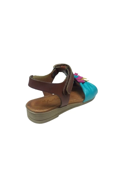 OrtopedikAL Trend Kahve Turkuaz Püsküllü Kız Çocuk Sandalet Ayakkabı %100 Hakiki Deri - 4