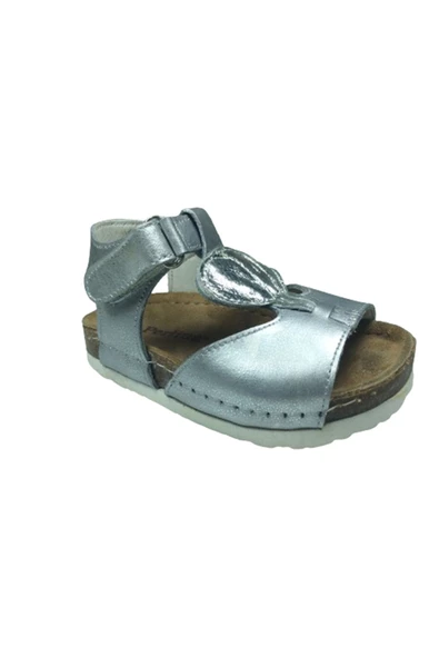 Perlina OrtopedikAL 3204-3 Kız Çocuk Sandalet Gümüş Ortopedik % 100 Deri Anatomik Mantar Taban