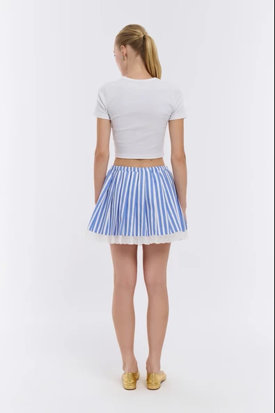 Dantel Detaylı Çizgili Pileli Etek Mavi - 4