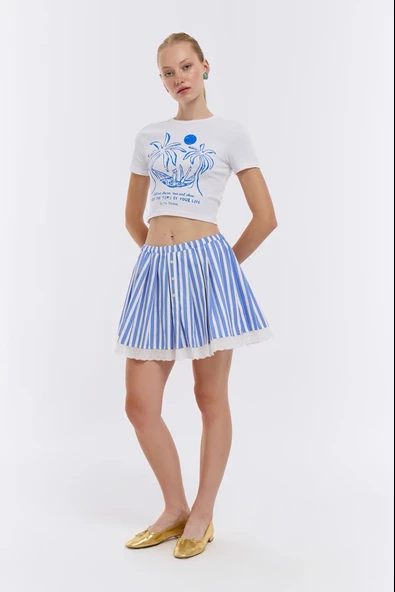 Dantel Detaylı Çizgili Pileli Etek Mavi - 3