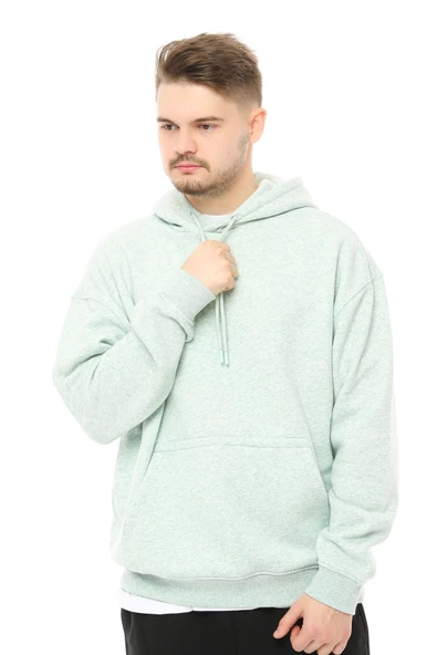 Erkek Oversize Kapüşonlu Sweatshirt Mavi Melanj - 10